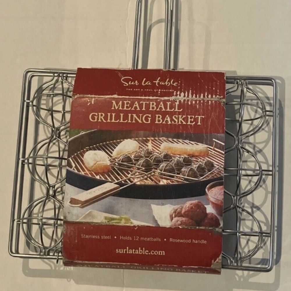 New Sur La Table Meatball Grilling Medium Basket Stainless Steel Rosewood Handle